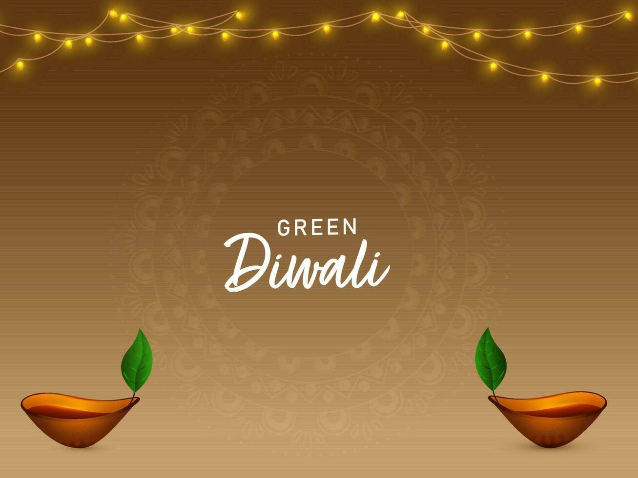 verde diwali celebracion concepto con eco simpático diya y Encendiendo guirnalda en marrón mandala modelo antecedentes. vector