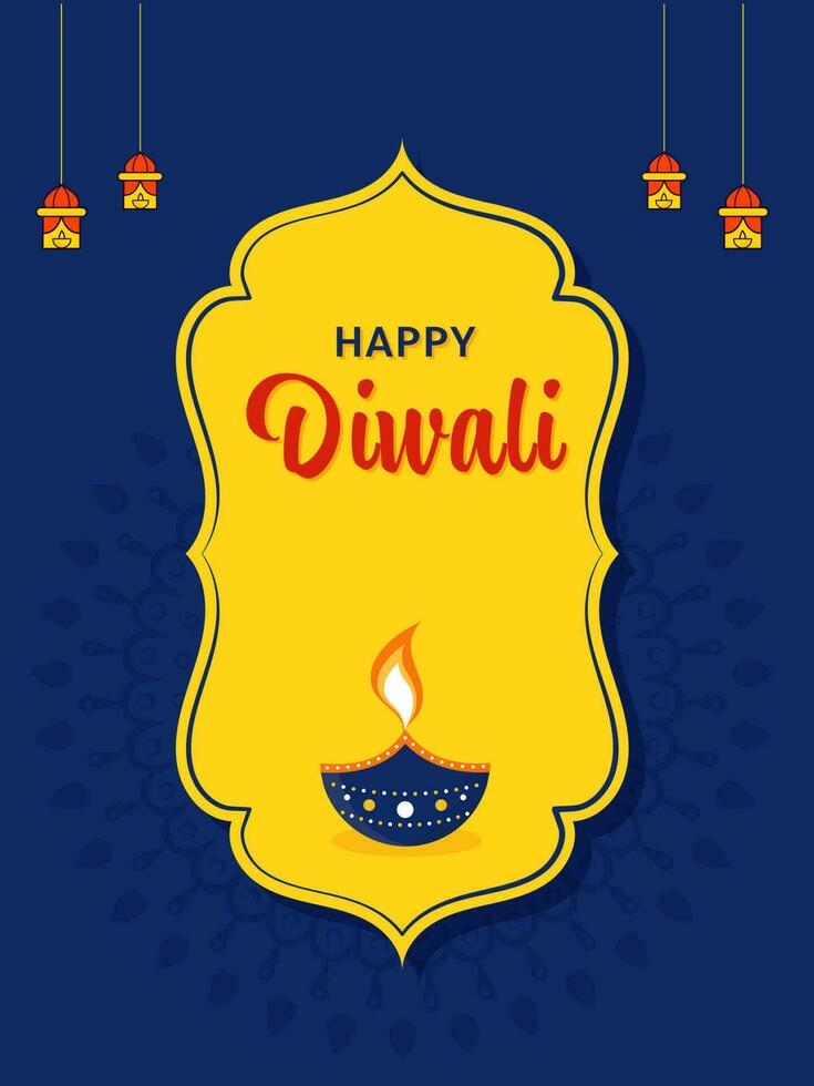 Happy Diwali Celebration Greeting Card With Burning Oil Lamp, Hanging Lamps On Yellow And Blue Mandala Pattern Background. vector