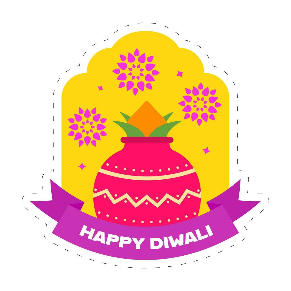 Happy Diwali Celebration Concept With Worship Pot, Mandala Or Flower On Yellow And White Background. vector