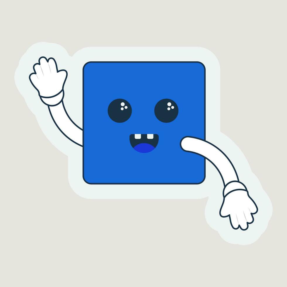 Sticker Of Blue Square Shape Cartoon In Hand Up And Down Pose. vector