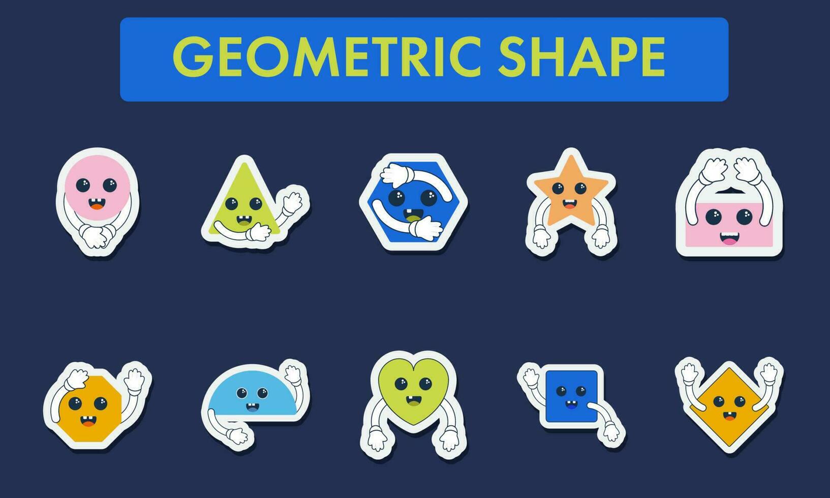 Set Of Basic Shapes Geometric Cartoon Characters Against Blue Background. vector