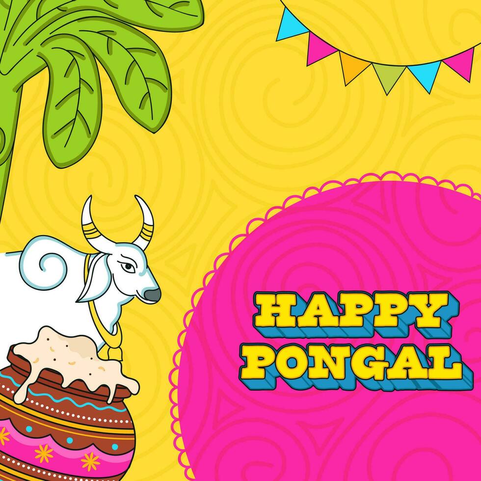 3d contento pongal fuente con toro animal, tradicional plato en arcilla maceta, plátano árbol, verderón bandera decorado en rosado y amarillo remolino modelo antecedentes. vector