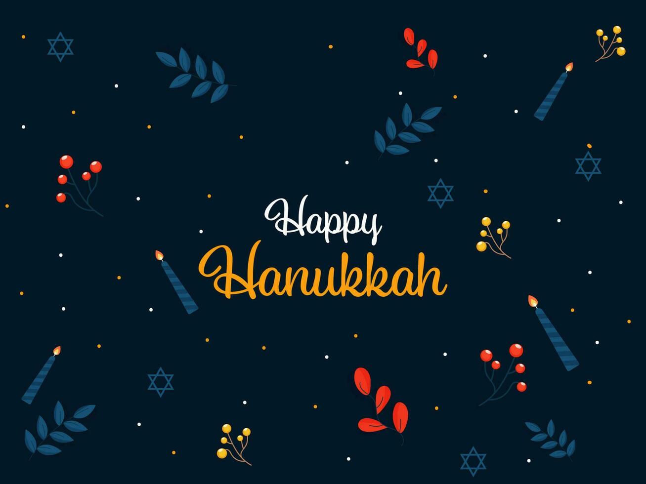 Happy Hanukkah Lettering With Lit Candles, Berries, Leaves, Stars Of David Decorated On Blue Background. vector