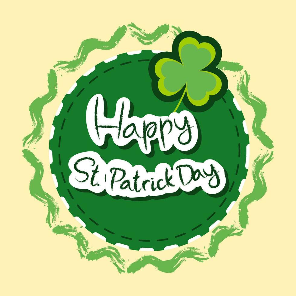 Sticker Style Happy St Patrick Day Font With Clover Leaf On Green And Yellow Background. vector