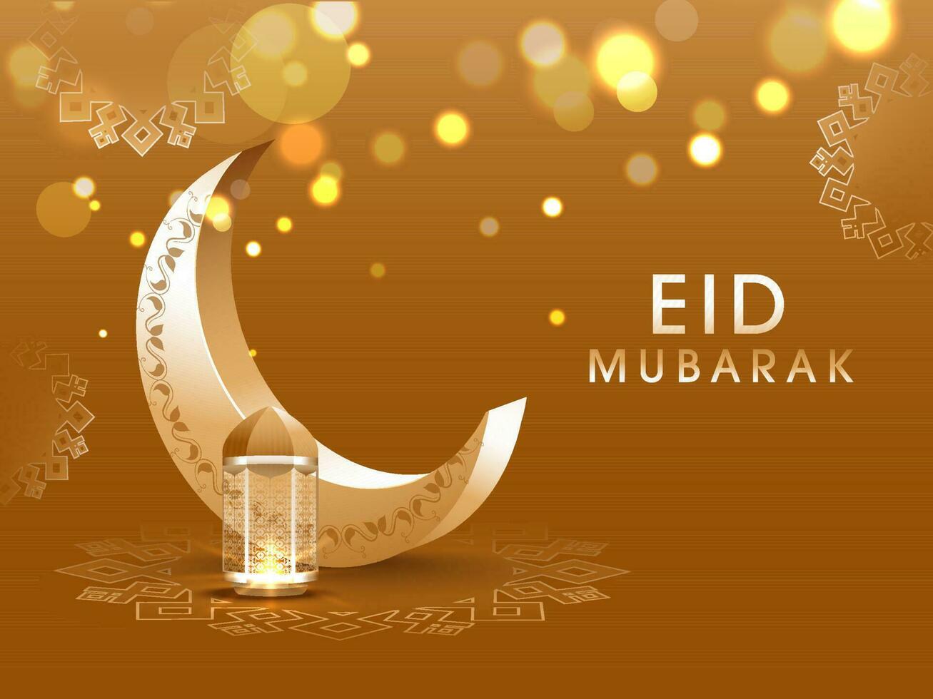 Golden 3d crescent moon and illuminated lanterns on bokeh light decorated brown background for Isalmic festival Eid Mubarak celebration background. vector