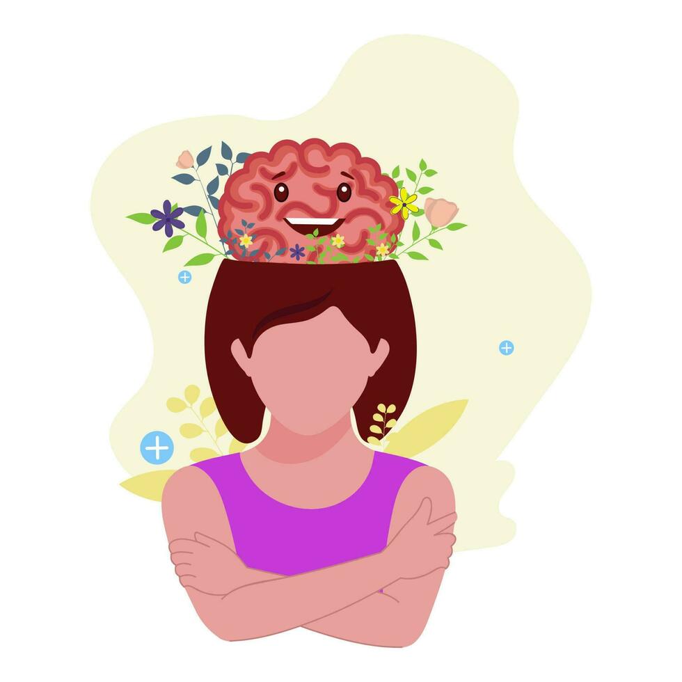 sin rostro joven mujer con contento cerebro, floral en blanco y ligero amarillo antecedentes para mundo mental salud día. vector