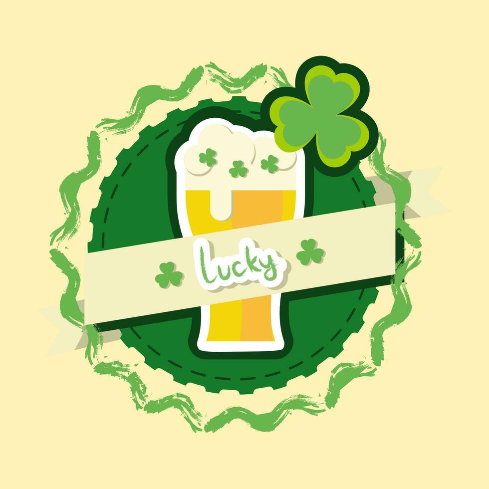 Sticker Style Lucky Font Ribbon With Beer Glass And Clover leaves On Yellow And Green Background For St Patrick Day Concept. vector