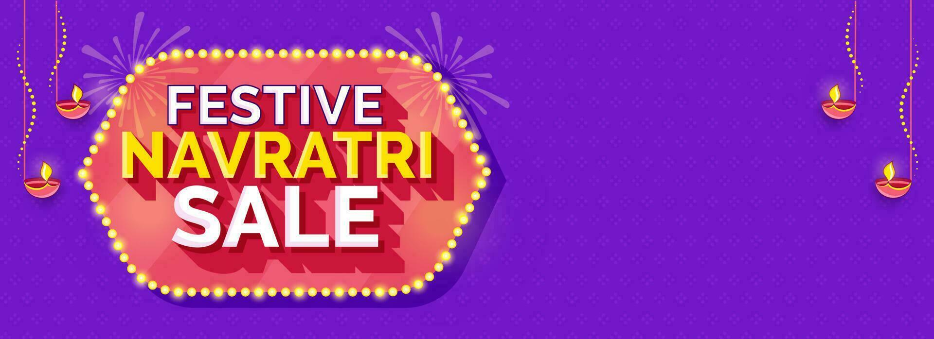 Navratri Festival Sale Banner Or Header Design With Lit Oil Lamps, Fireworks On Violet And Red Background. vector