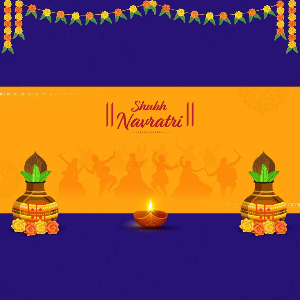 shubh navratri celebracion póster diseño con Adoración ollas iluminado petróleo lámpara, floral guirnalda en azul y naranja antecedentes. vector