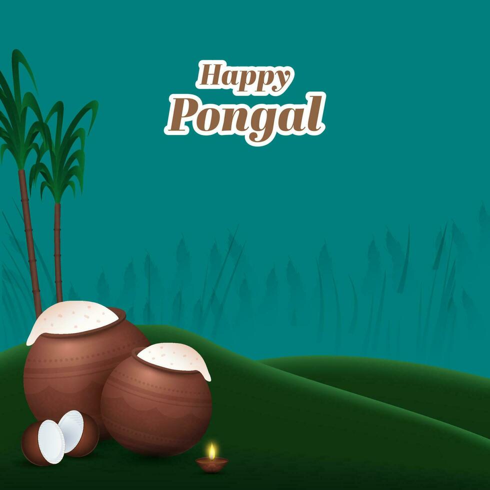 pegatina estilo contento pongal texto con 3d arcilla ollas lleno de pongali arroz, Coco, iluminado petróleo lámpara, Caña de azúcar en turquesa y verde antecedentes. vector