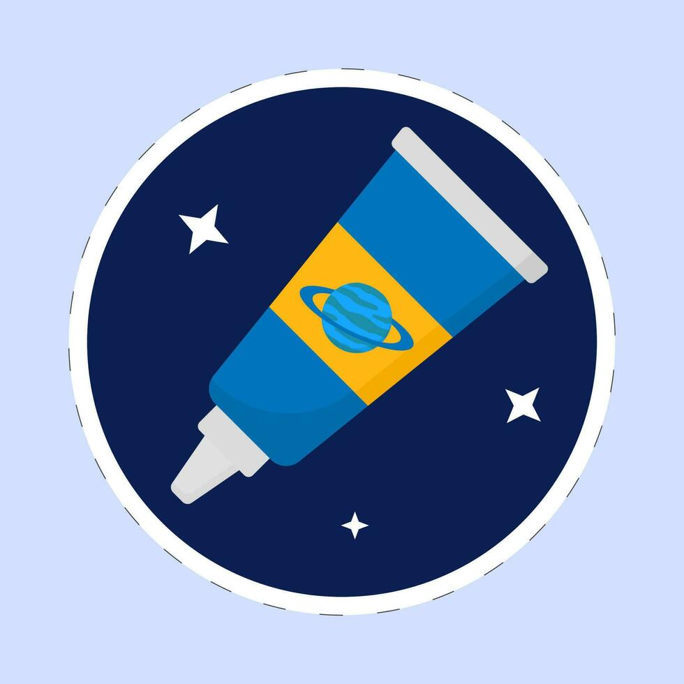 Isolated Space Food Tube With Stars Blue Background In Sticker Style. vector