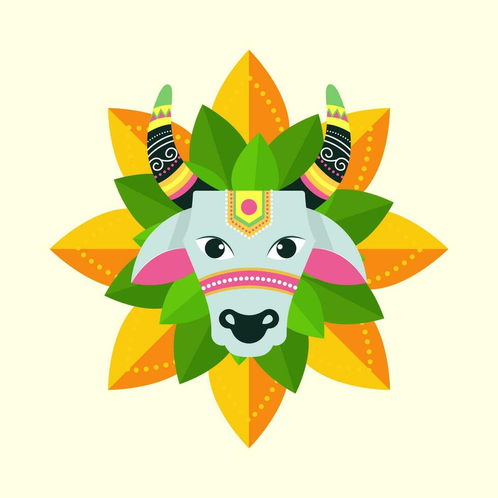 Cow Or Ox Face With Leaves Against Yellow Background. vector