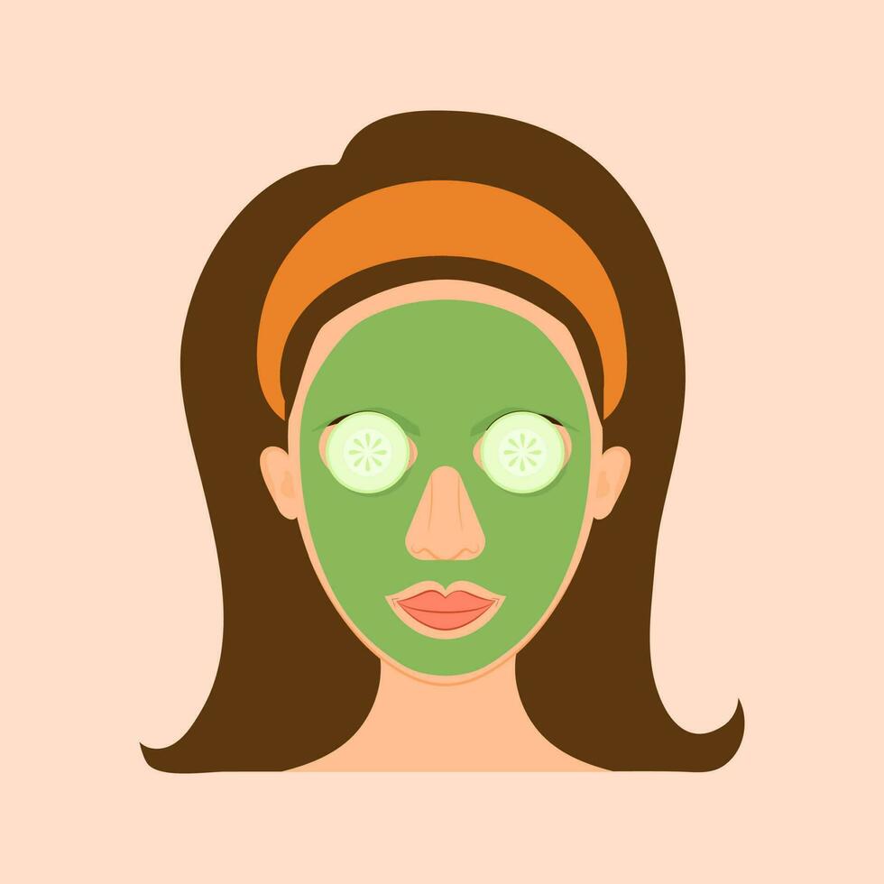 joven dama aplicar verde cara paquete en su cara con Pepino rebanada icono en contra melocotón antecedentes. vector