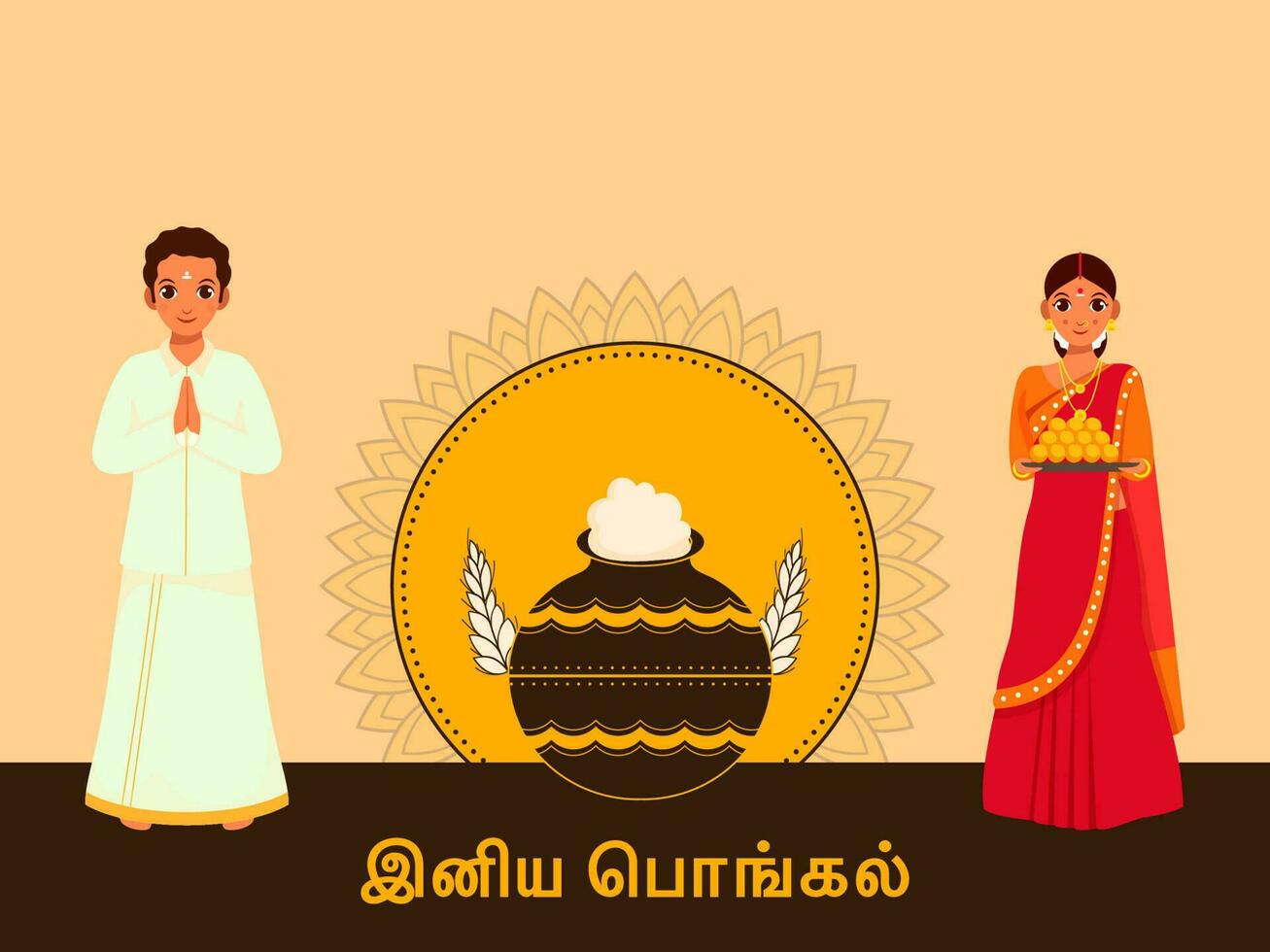 Happy Pongal Celebration Background With South Indian Man Doing Namaste And Woman Holding Sweets Plate. vector