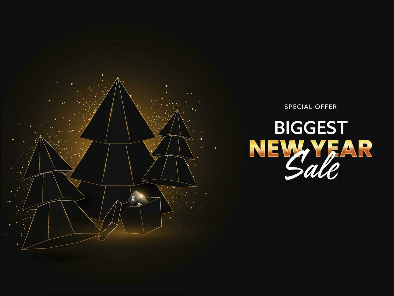 Biggest New Year Sale Poster Design With Xmas Trees, Gift Box And Glitter Effect On Black Background. vector