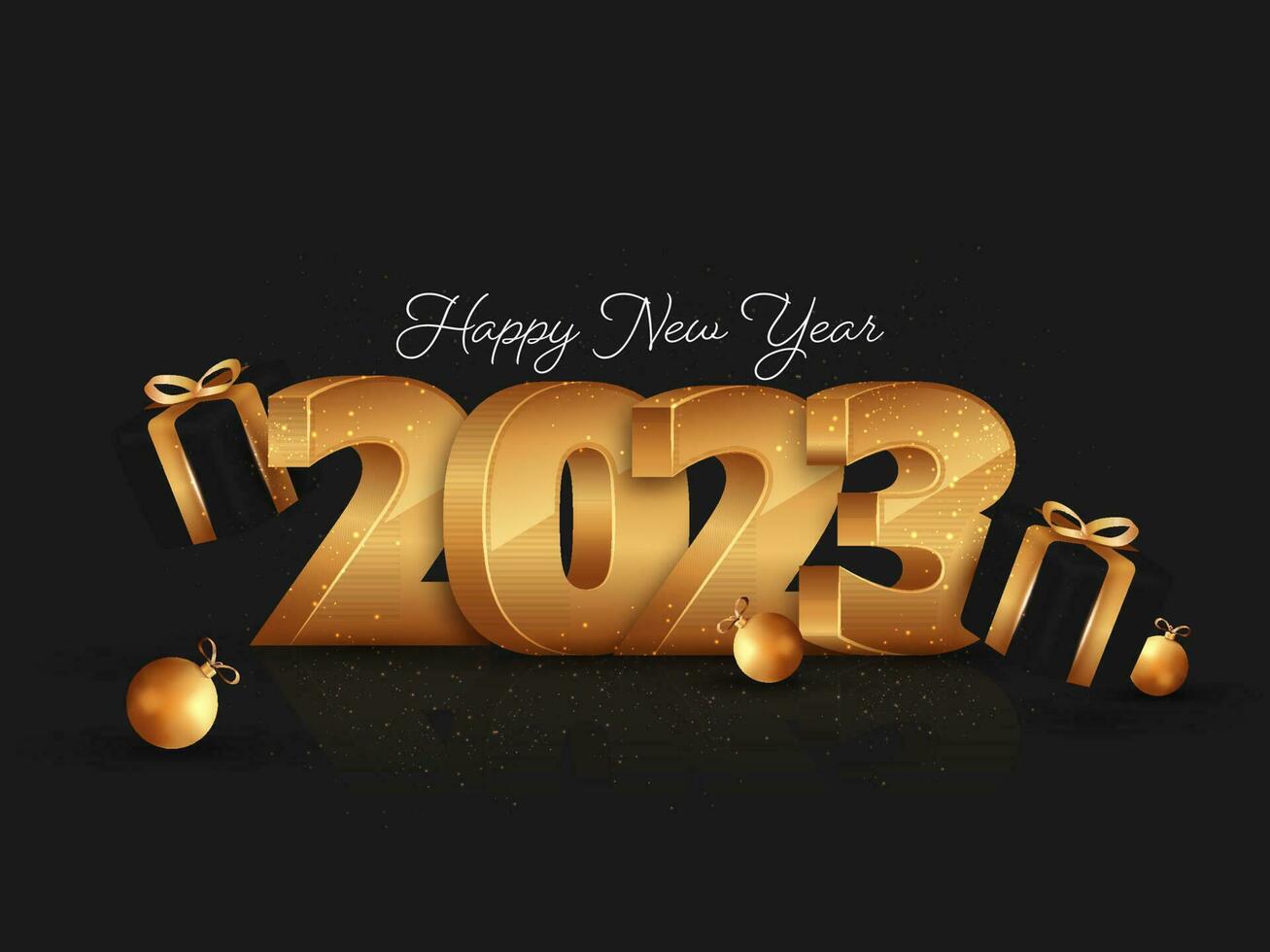 3D Golden 2023 Number With Baubles And Gift Boxes On Black Background For Happy New Year Concept. vector