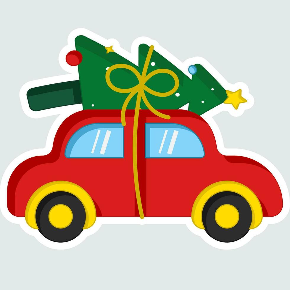 Illustration Of Sticker Style Car Carrying Christmas Tree In Flat Style. vector