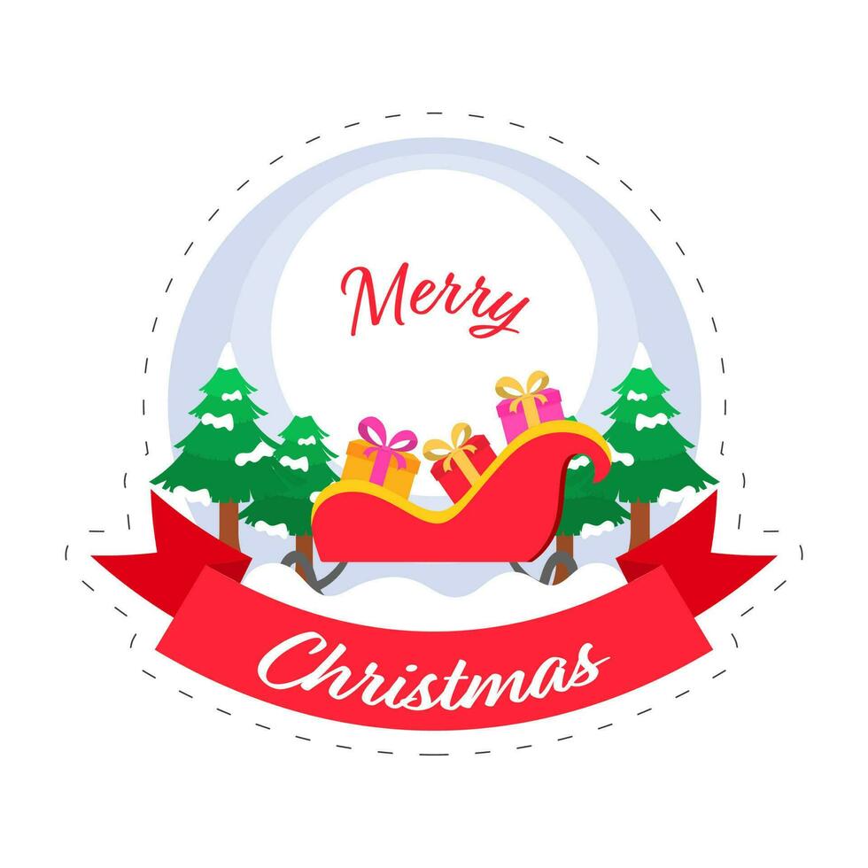 Merry Christmas Celebration Concept With Sleigh Full Of Gift Boxes, Snowy Xmas Trees On White And Blue Background. vector