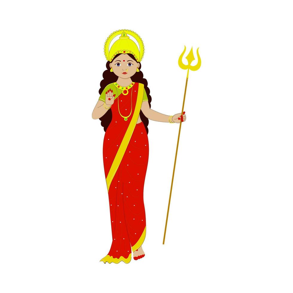 Hindu Mythology Goddess Character With Trident On White Background. vector