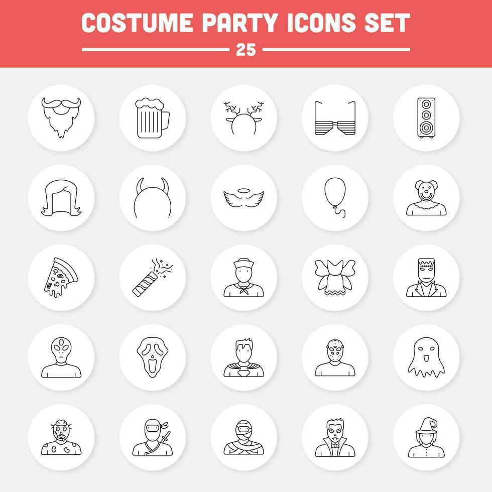 Black Line Art Set Of Costume Party Icons In Flat Style. vector