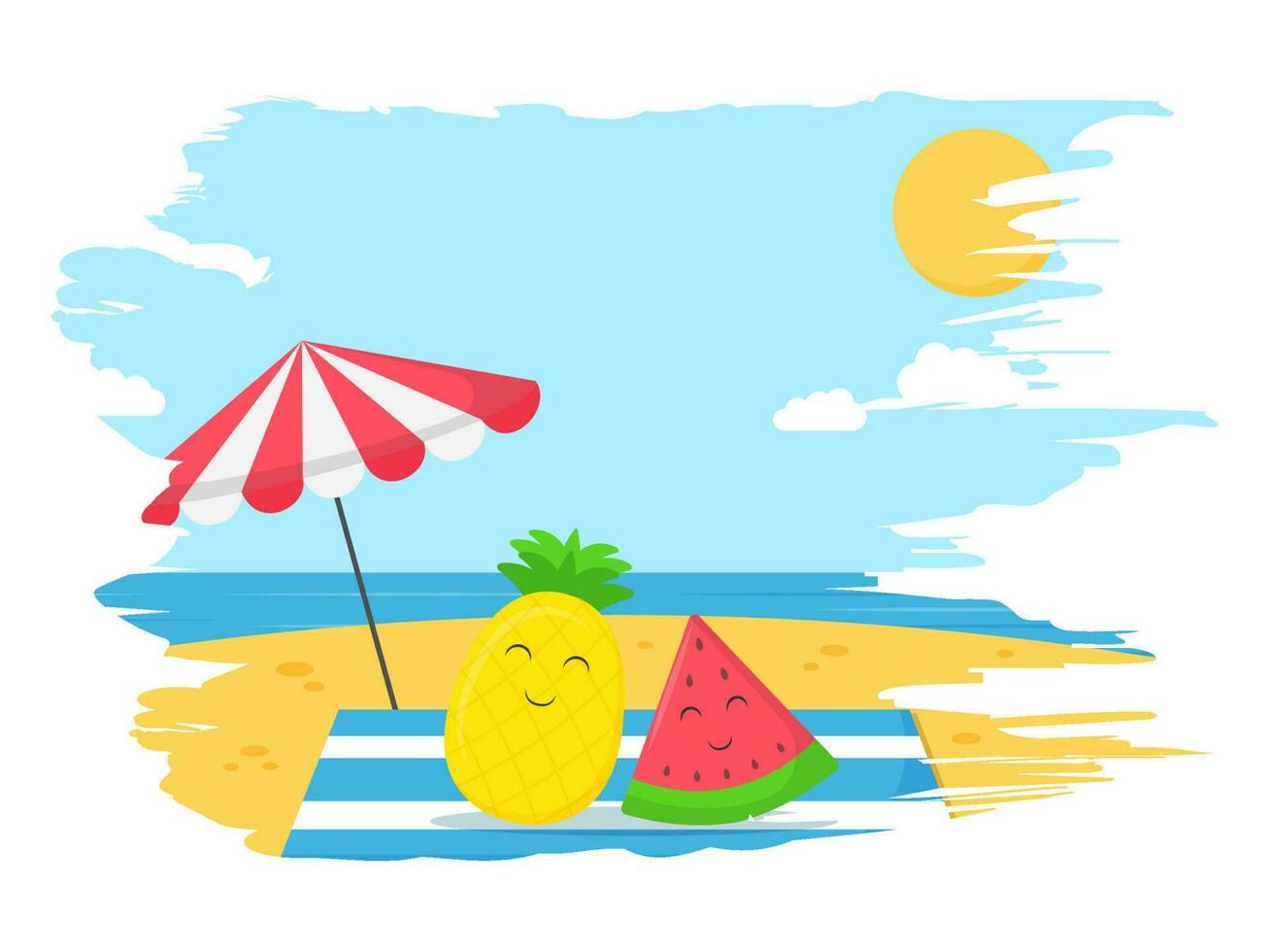 Summertime, travelling concept, beach background, shiny sun and happy pineapple and watermelon under an umbrella. Flat style illustration for summer holidays. vector
