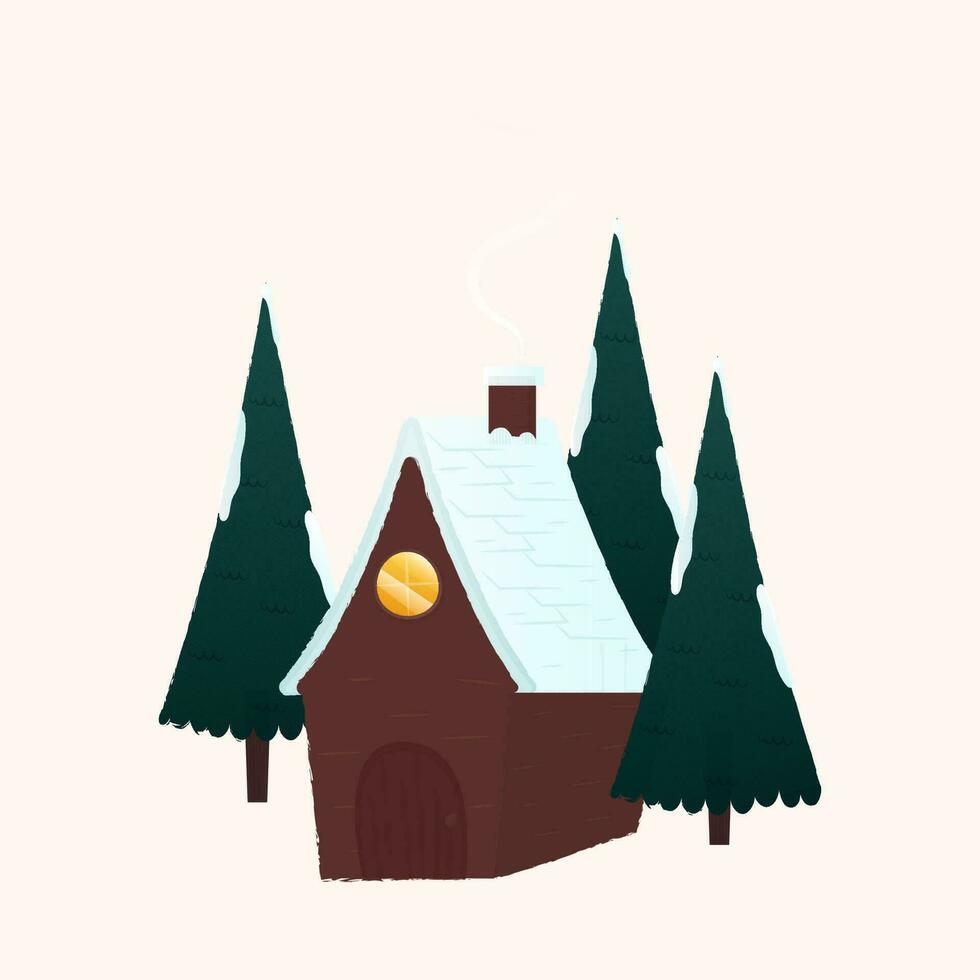 Smoke Out Of Snowing Home With Christmas Tree On Cosmic Latte Background. vector