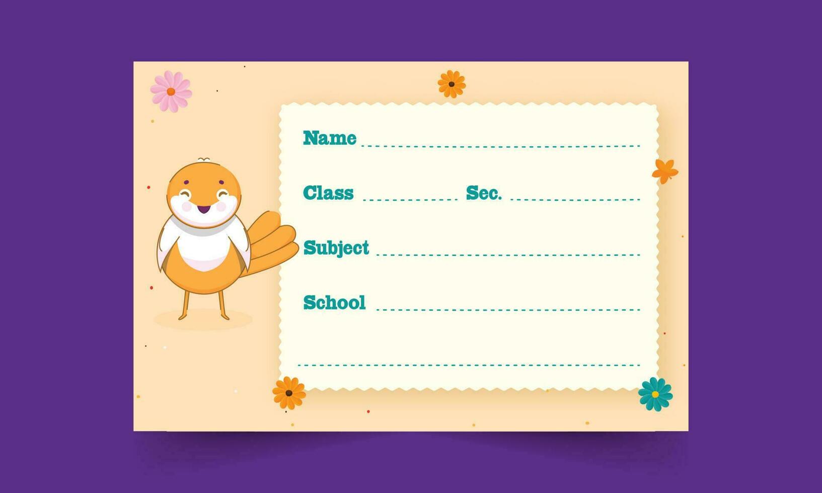 Cute Bird With Flower Decorative Notebook Label Or Name Tag On Purple Background. vector