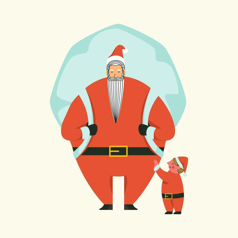 Santa Claus Wearing Big Bag With Child Standing On Cosmic Latte Background. vector