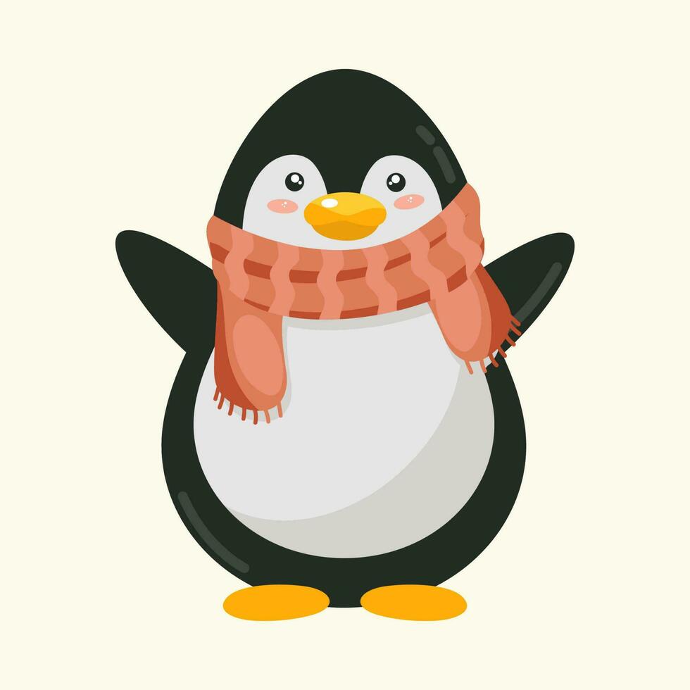 Isolated Penguin Wearing Scarf On Cosmic Latte Background. vector