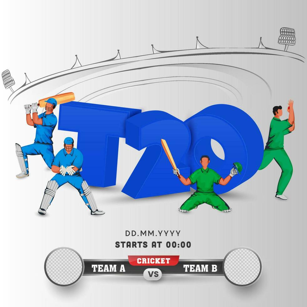 3D T20 Font With Cricket Players Of Participating Team A VS B And Empty Round Badge Or Frame On Gray Stadium Background. vector