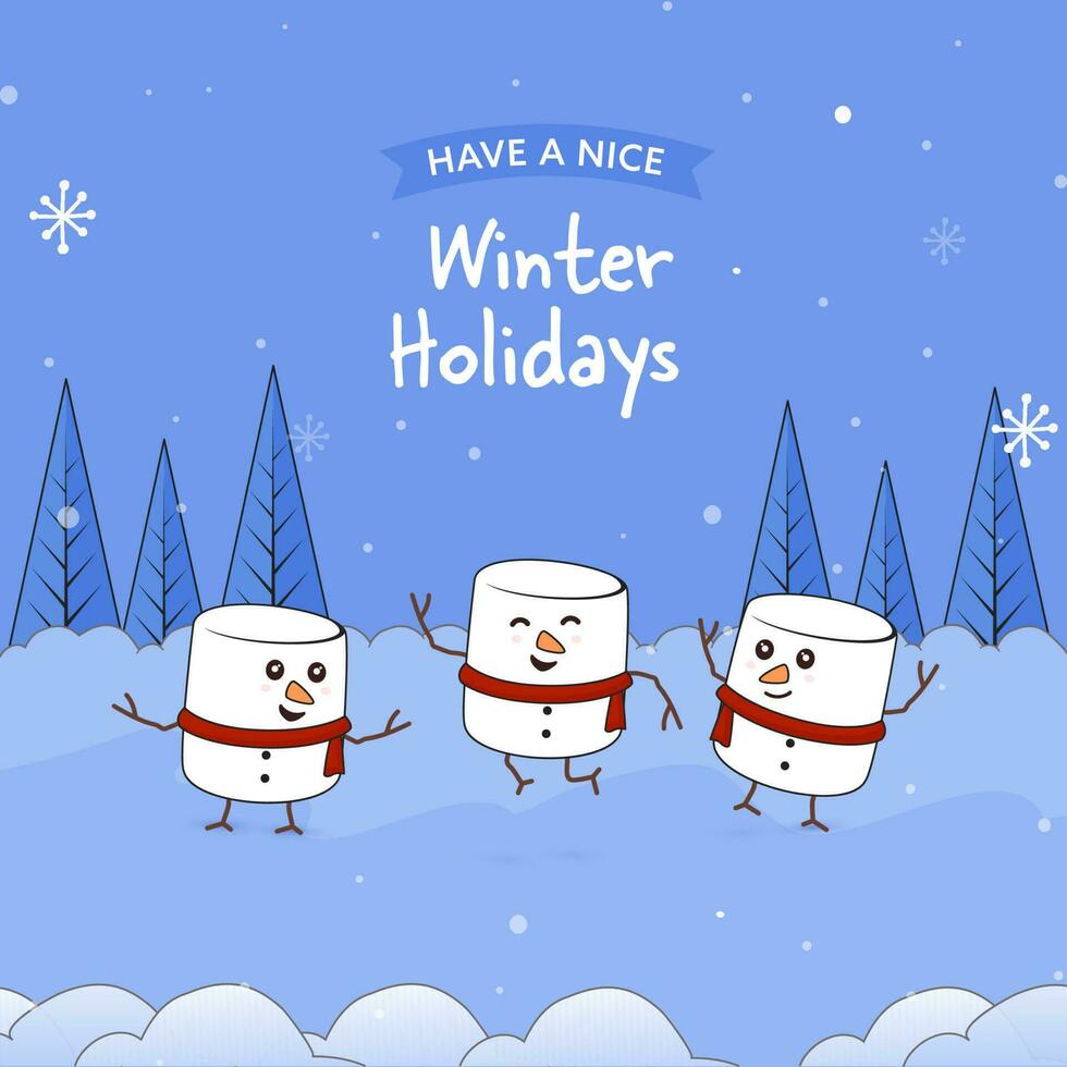 Winter Holidays Poster Design With Funny Marshmallows Dancing Against Blue Snowfall Tree Background. vector