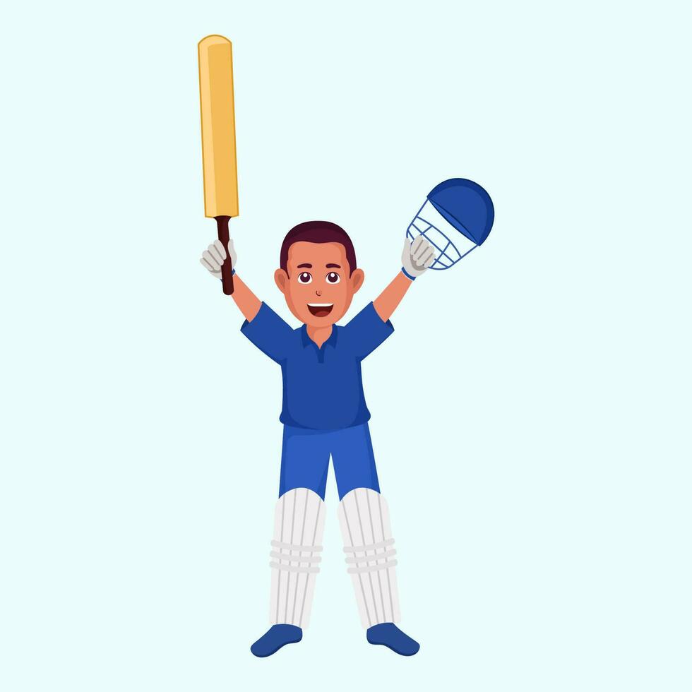 Cheerful Batsman Character In Winning Pose On Pastel Blue Background. vector