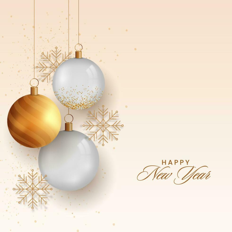 Happy New Year Text With 3D Baubles Hang And Snowflakes On Pastel Peach Background. vector