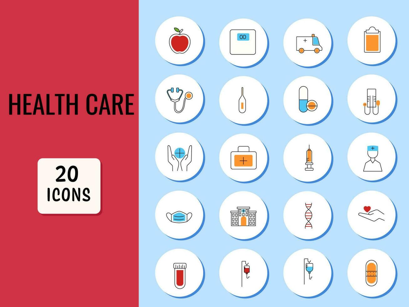 Set Of Healthcare 20 Icons Against Sky Blue And Red Circle Background. vector