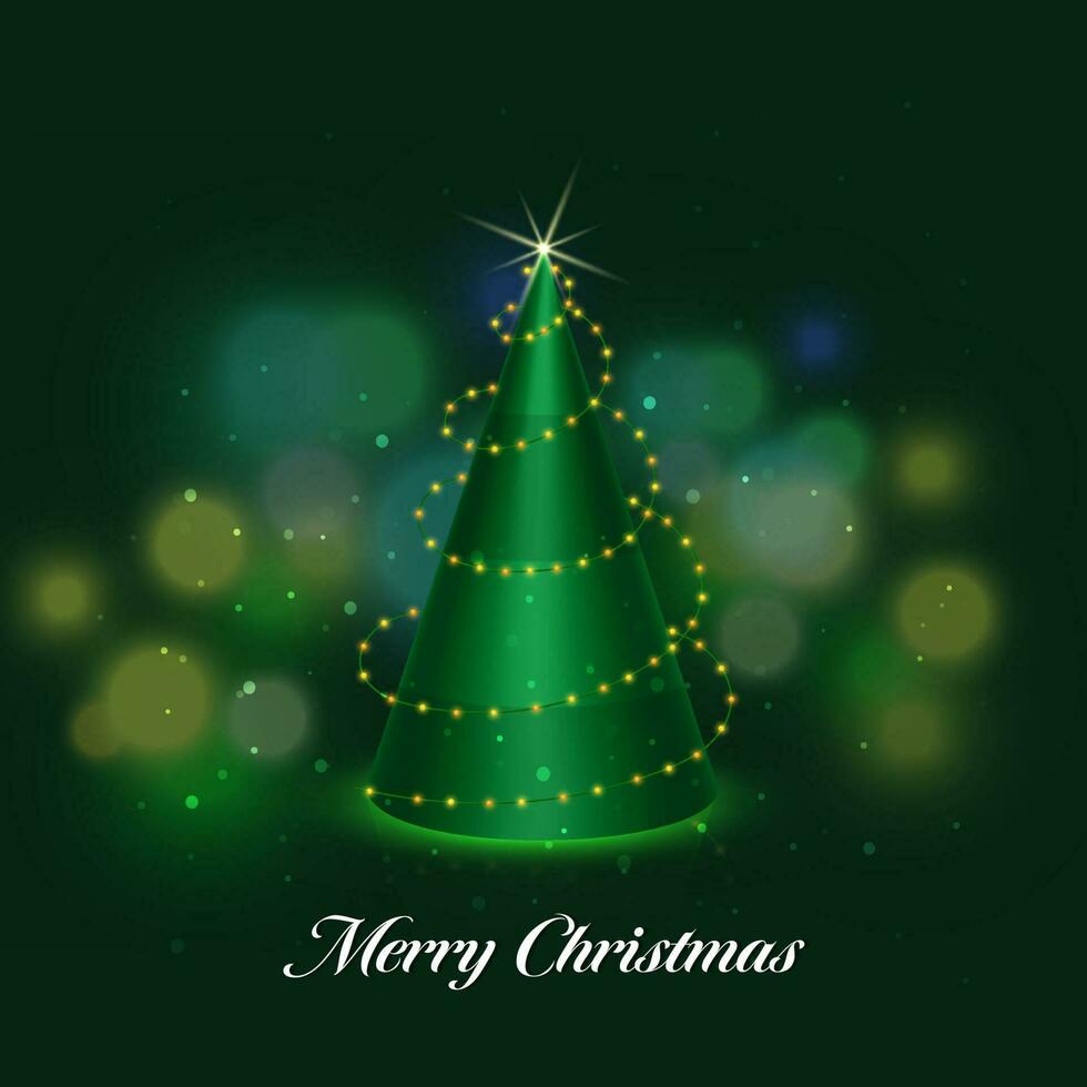 3D Render Of Cone Shape Xmas Tree Decorated By Lighting Garland Against Green Bokeh Blur Background For Merry Christmas Concept. vector