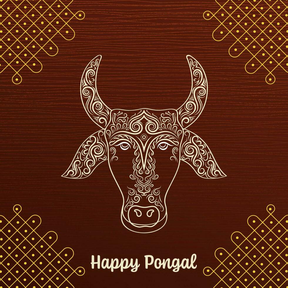 Happy Pongal Celebration Concept With Zentangle Bull Face And Corner Kolam On Burnt Umber Wood Texture Background. vector