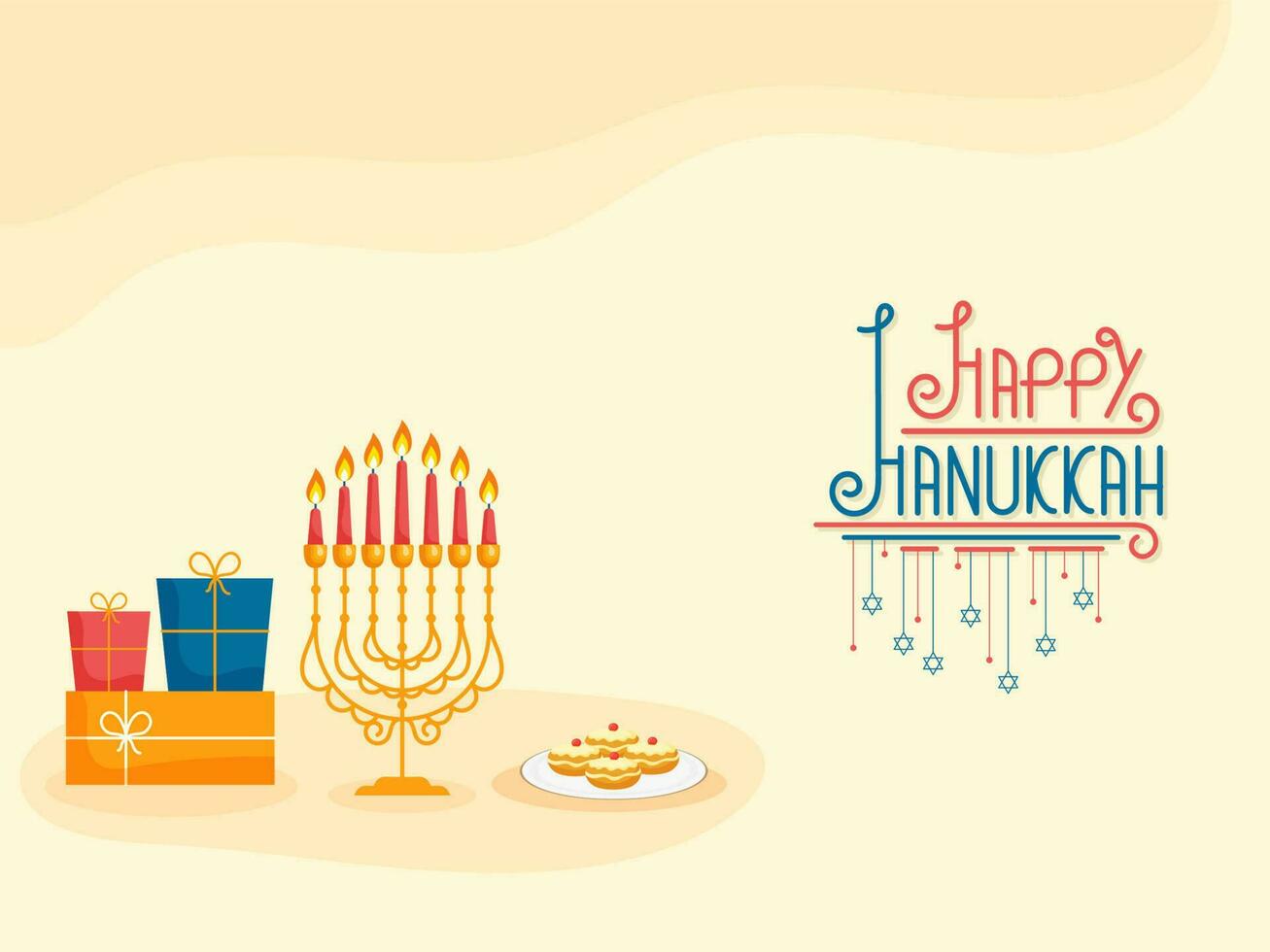 Happy Hanukkah Lettering With Hanging Stars Of David, Lit Candelabra, Gift Boxes And Sufganiyah On Pastel Yellow Background. vector