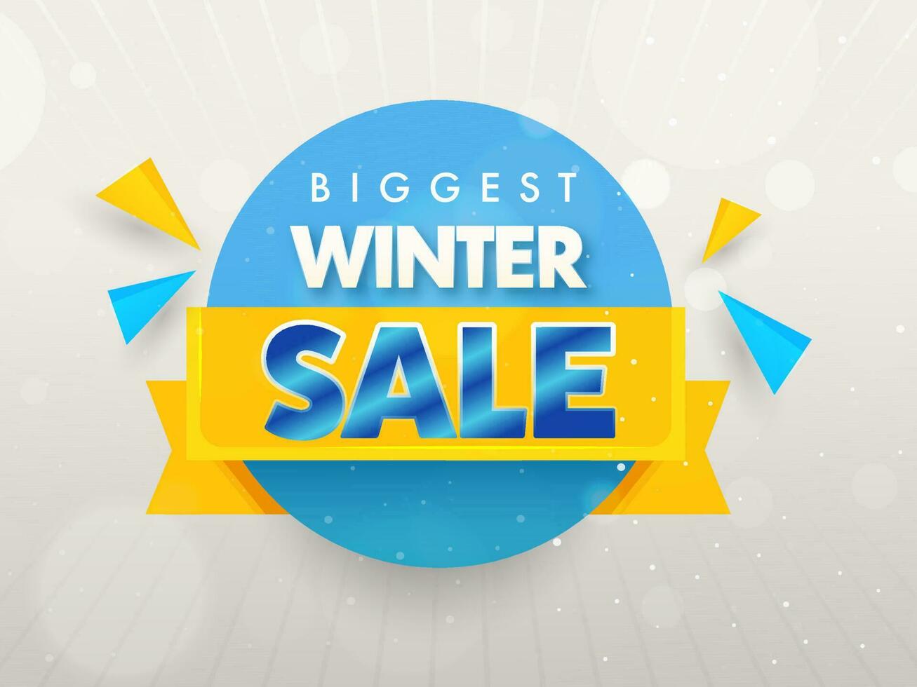 Winter Biggest Sale Poster Design With Triangle Elements Against Gray Bokeh Rays Background. vector