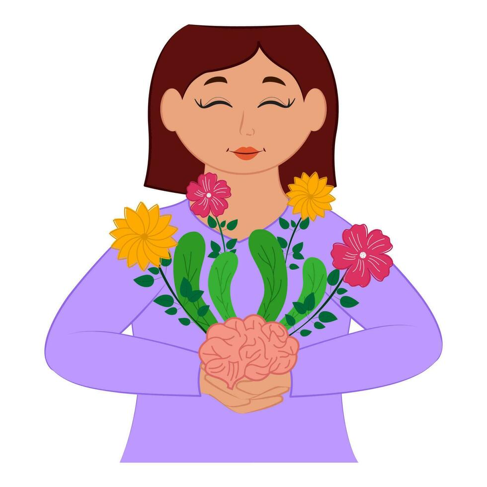 Young Girl Holding Flower Plant Of Brain Against White Background For Mental Healthcare Concept. vector