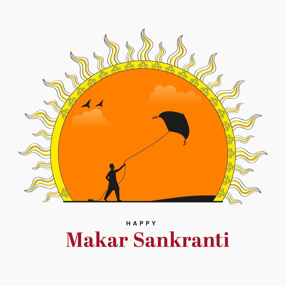 Happy Makar Sankranti Greeting Card With Silhouette Man Flying Kite And Sun Illustration On White Background. vector