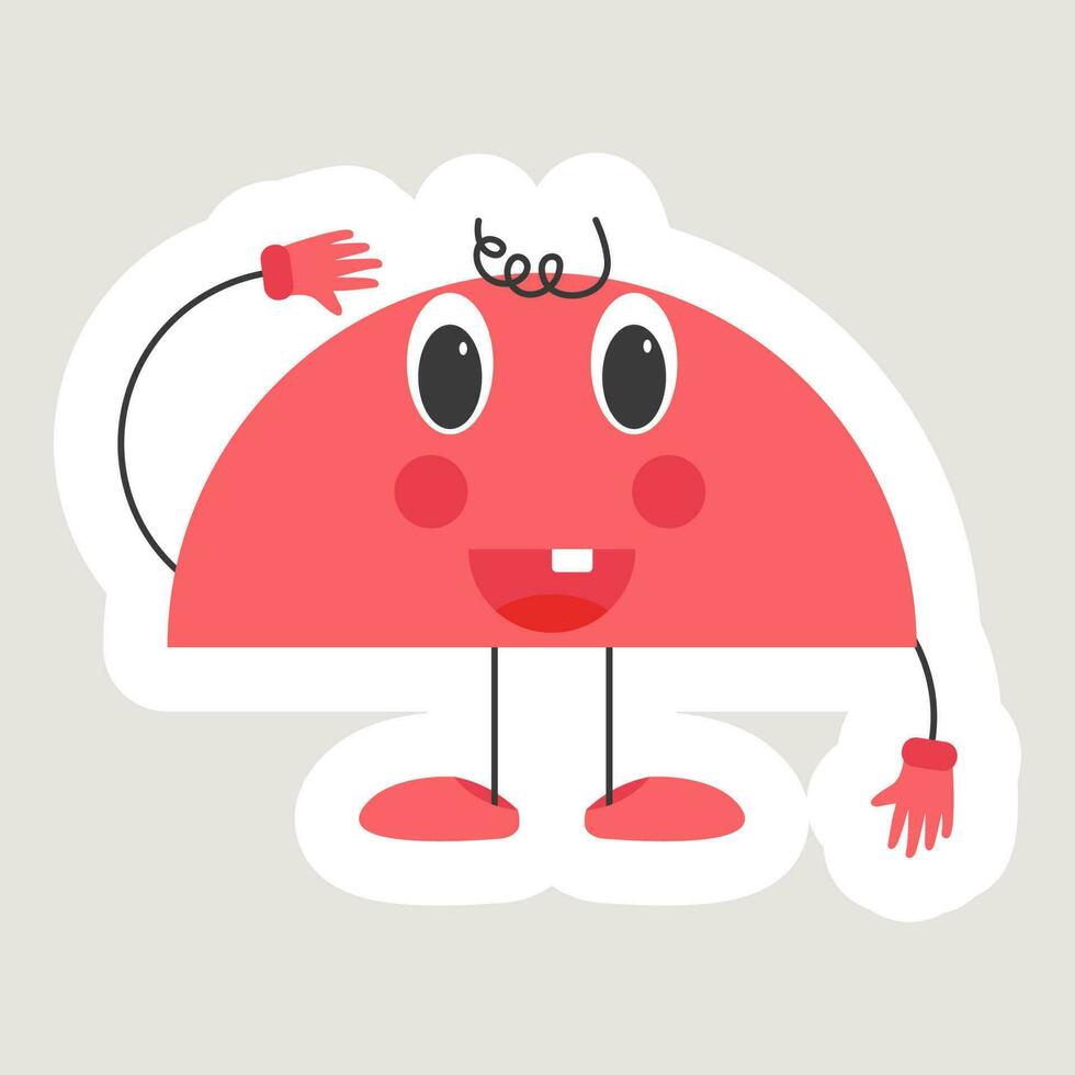 Sticker Style Red Cheerful Semi Circle Cartoon In Saluting Pose. vector