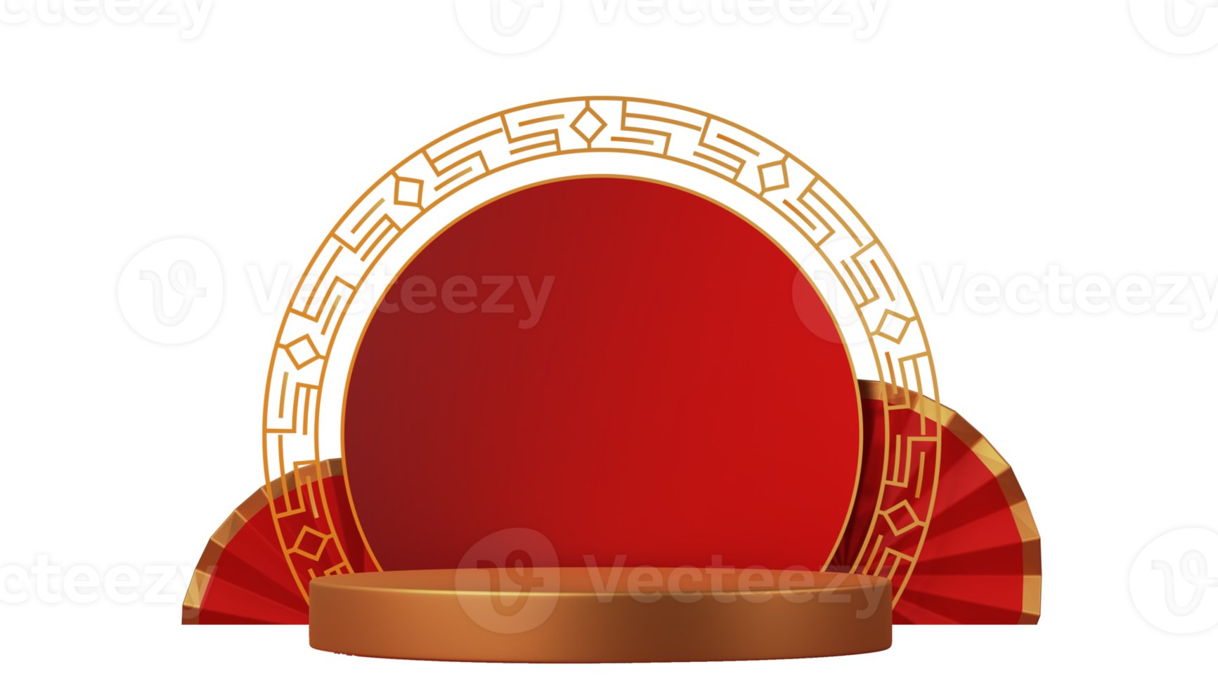 Empty Chinese Circle Frame With Golden Podium And Accordion Paper Flowers Element In 3D Render. png