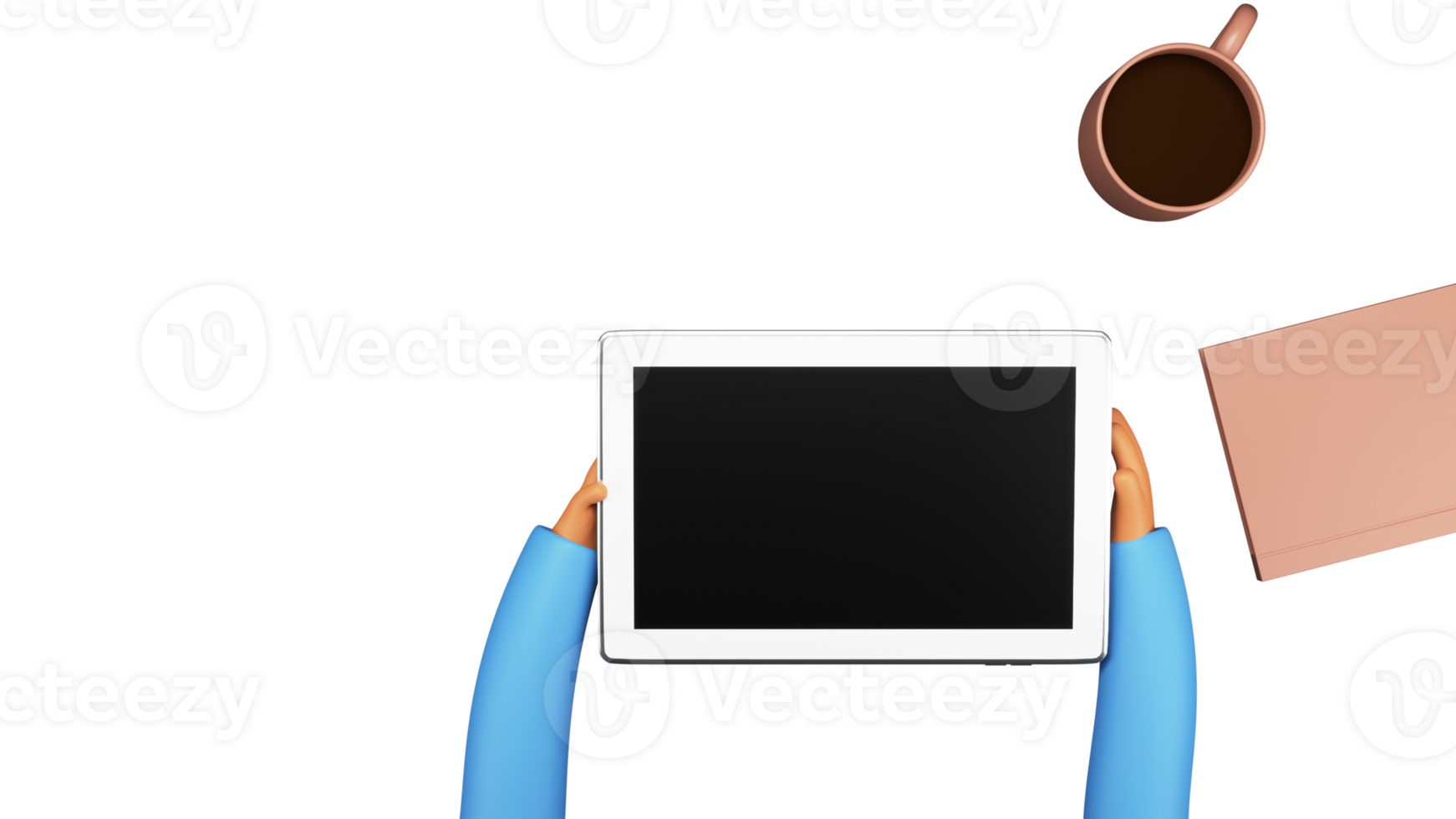 Top View Of Human Hands Holding Empty Tablet Screen With Coffee Cup, File Element. png