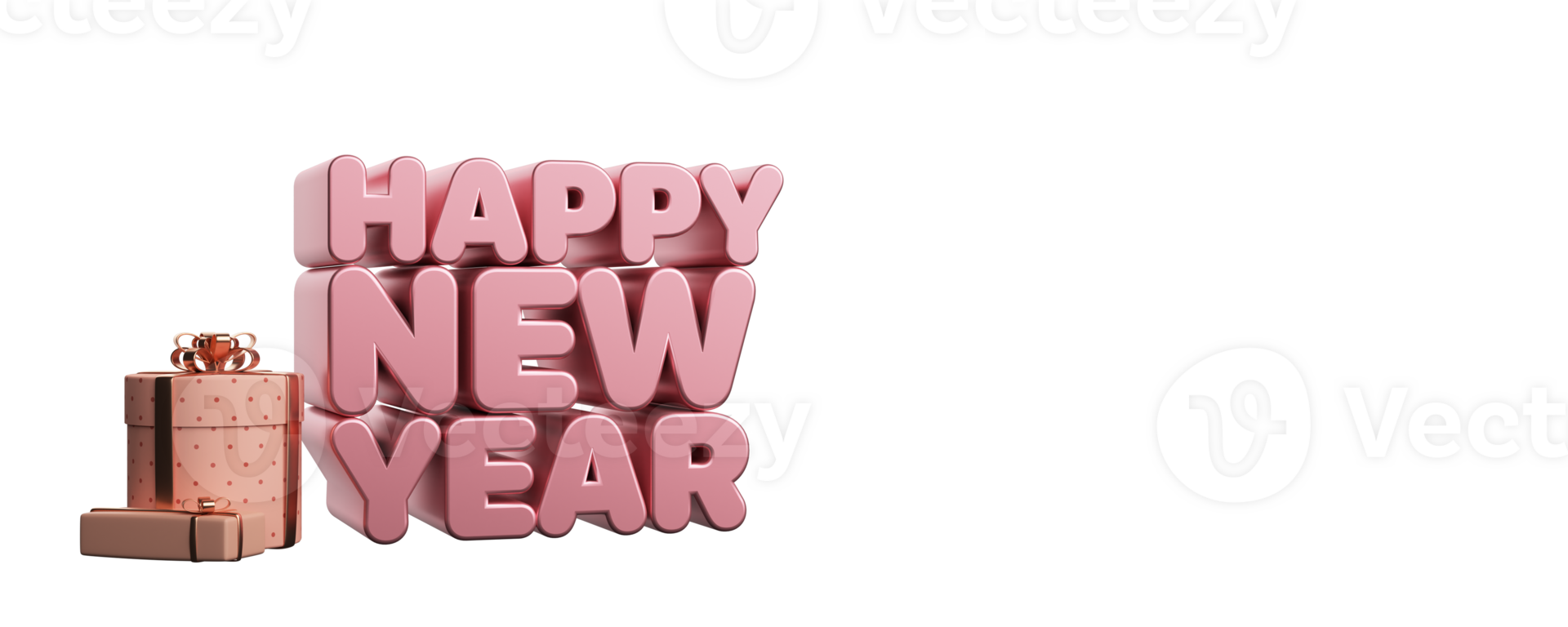 3D Render Happy New Year Text With Realistic Gift Boxes Against Background. png