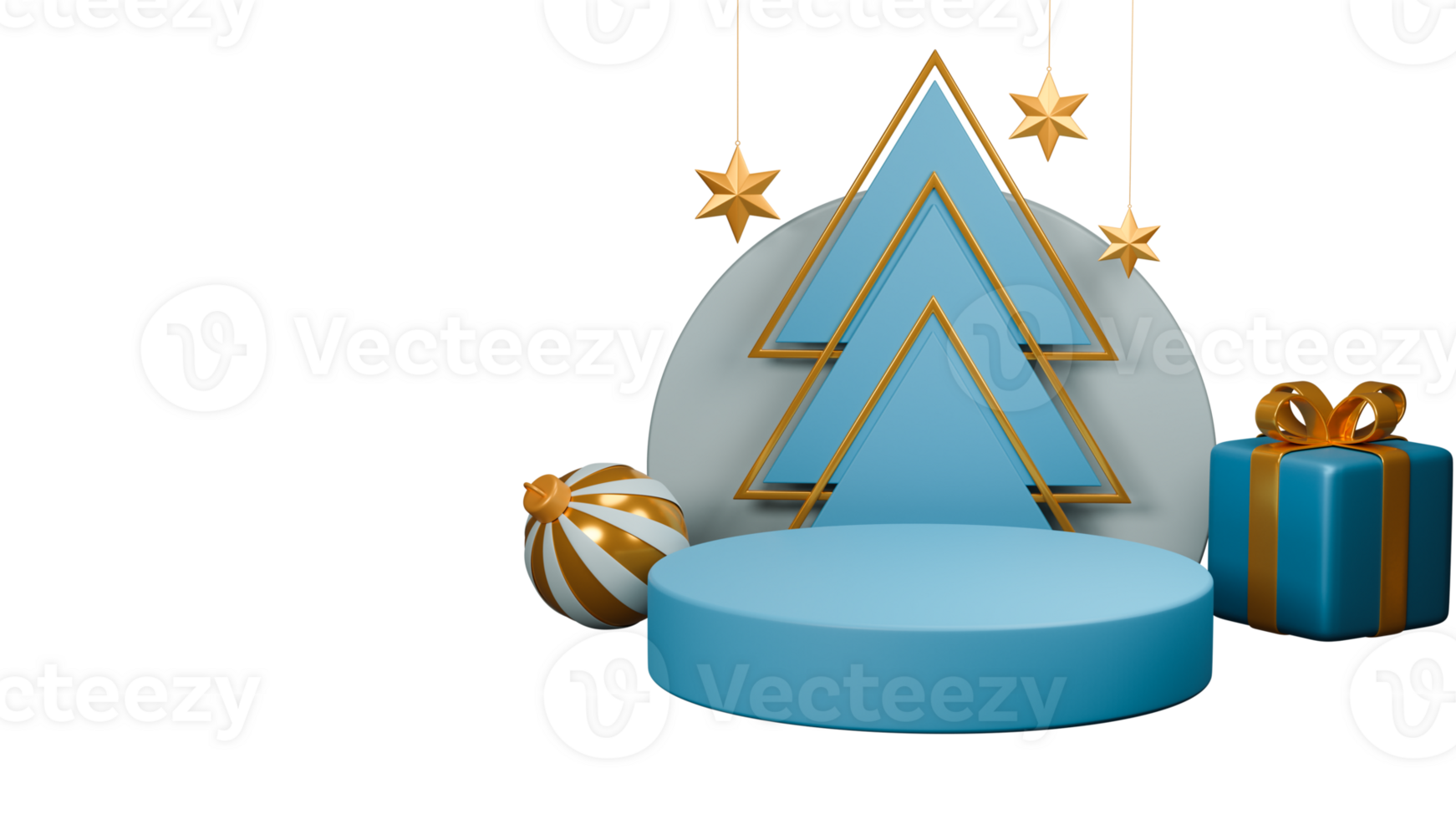 3D Render Of Overlapping Triangle Shapes With Empty Podium, Bauble, Gift Box, Golden Stars Hang With Copy Space png