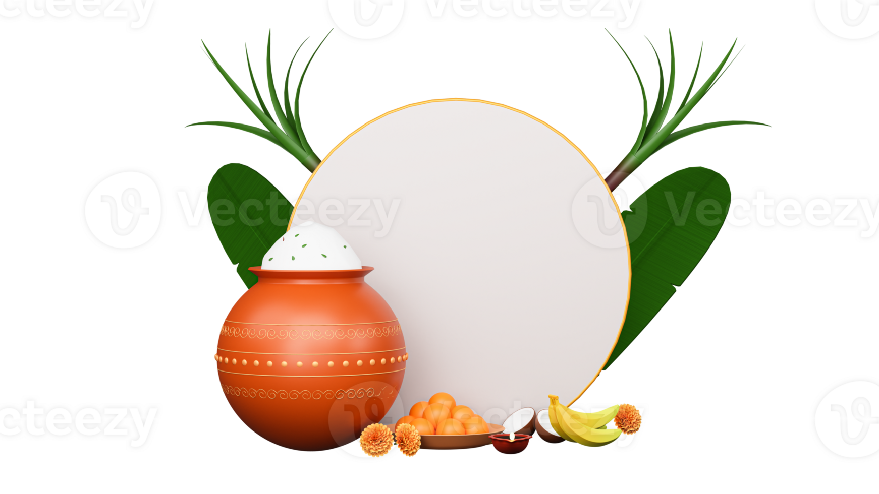 3D Render Of Pongal Festival Elements With Empty Circular Frame For Message. png
