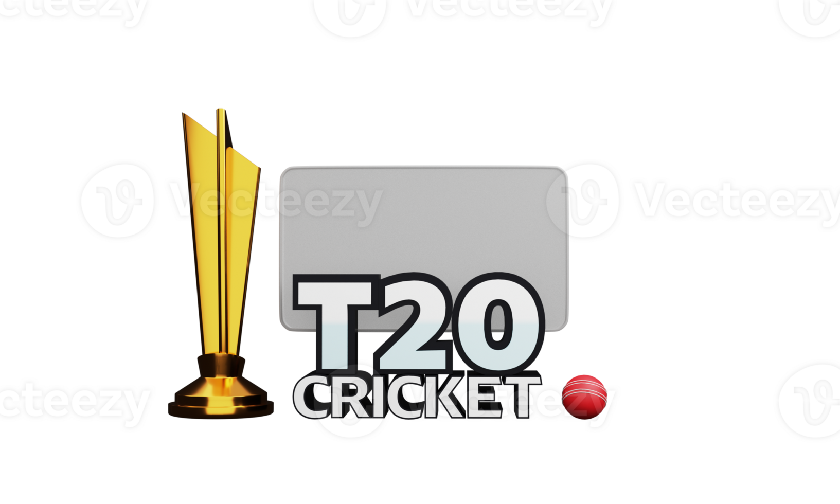 3D Render T20 Cricket Text With Red Ball, Golden Winner Trophy Cup On Glassmorphism Background. png