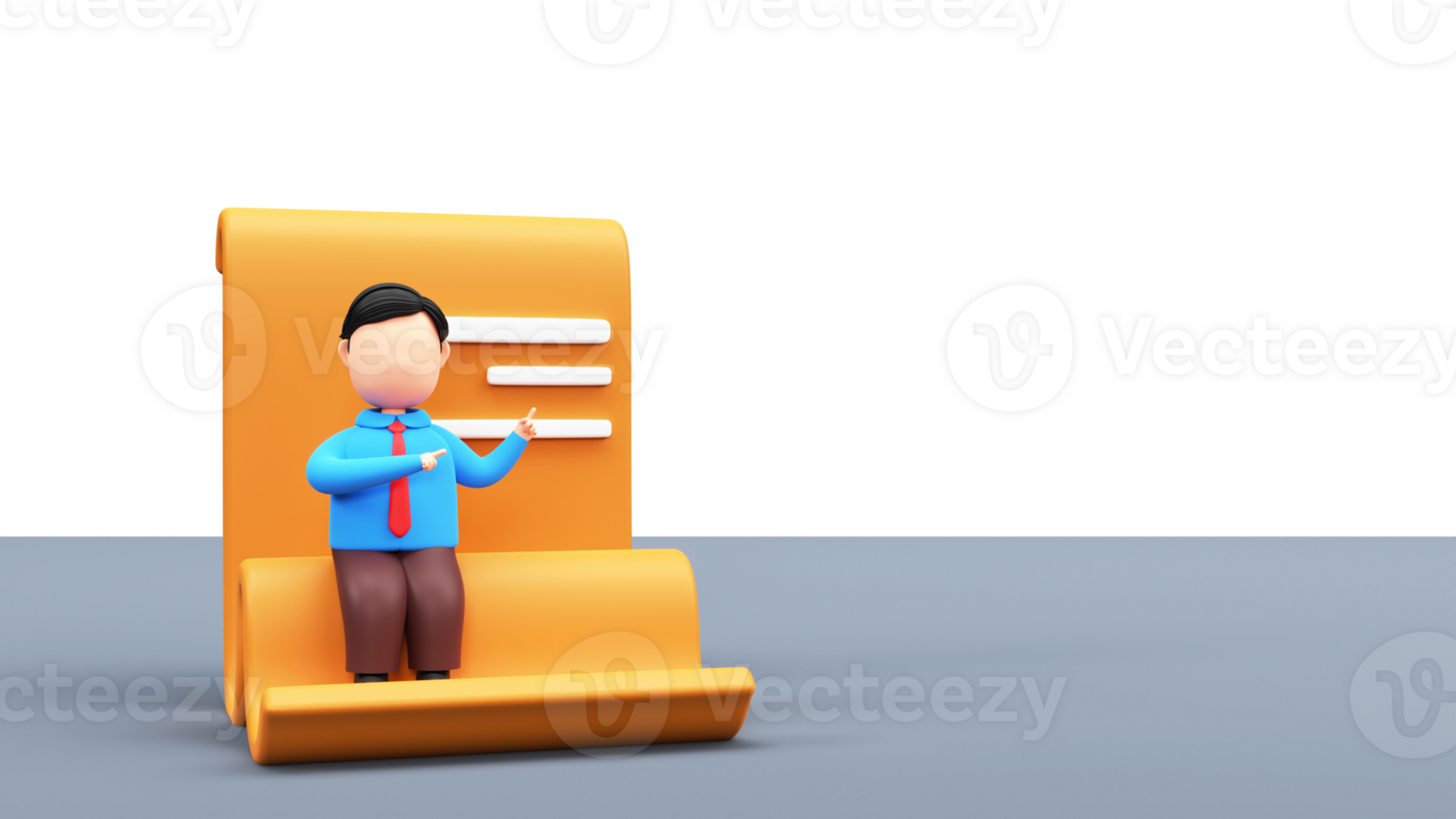 3D Illustration Of Faceless Businessman Showing Something And Pointing Index Finger Over Scroll Paper. png