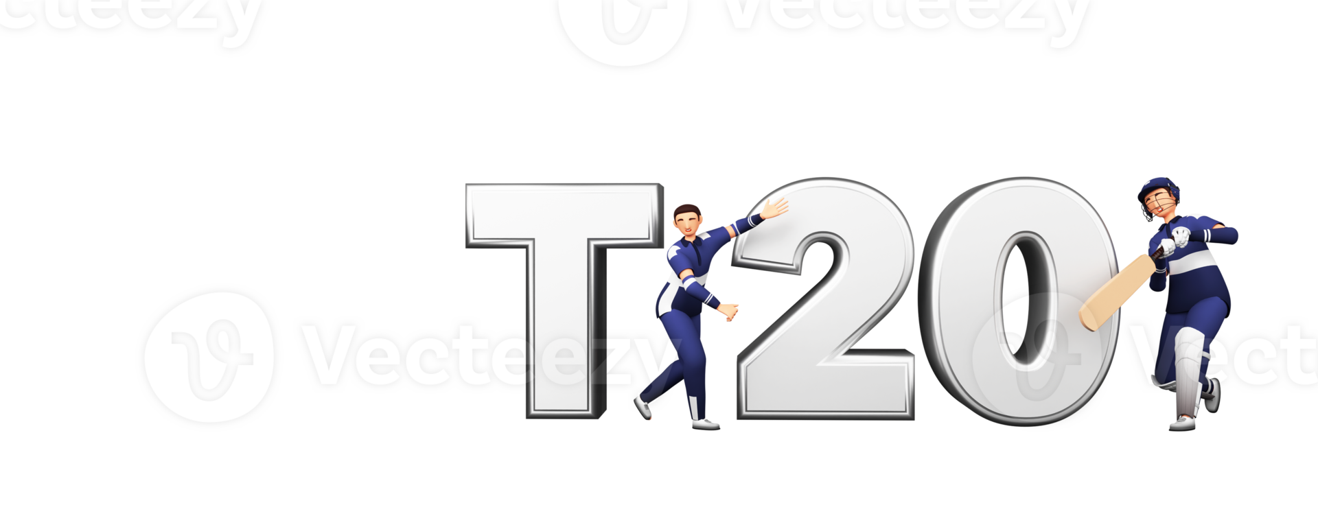 3D Render T20 Text With Cricket Batter Player, Bowler Character In Playing Pose. png
