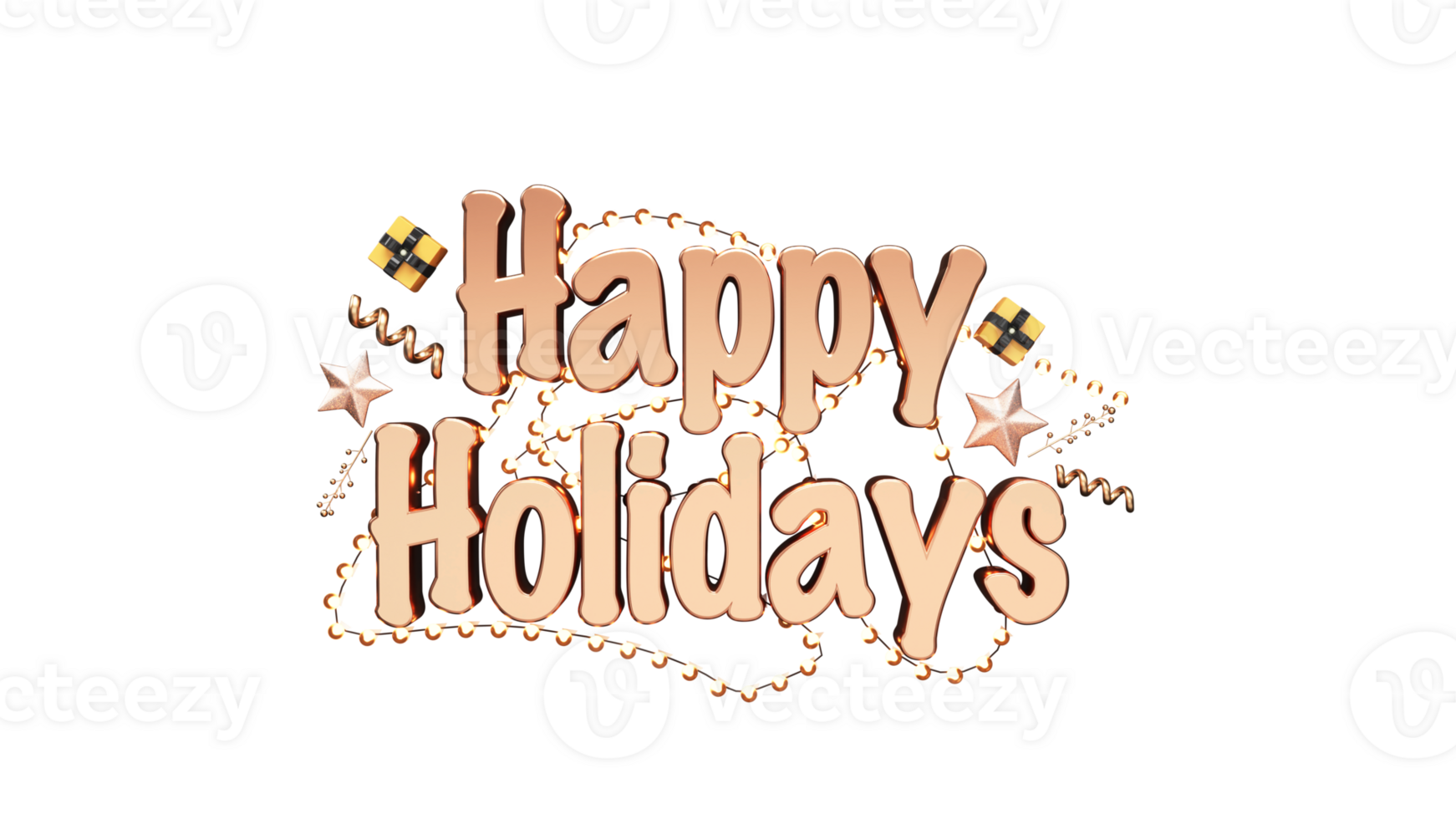 3D Render Copper Happy Holidays Text With Lighting Garland, Gift Boxes, Stars, Curl Confetti And Berry Stem Decorated Background. png